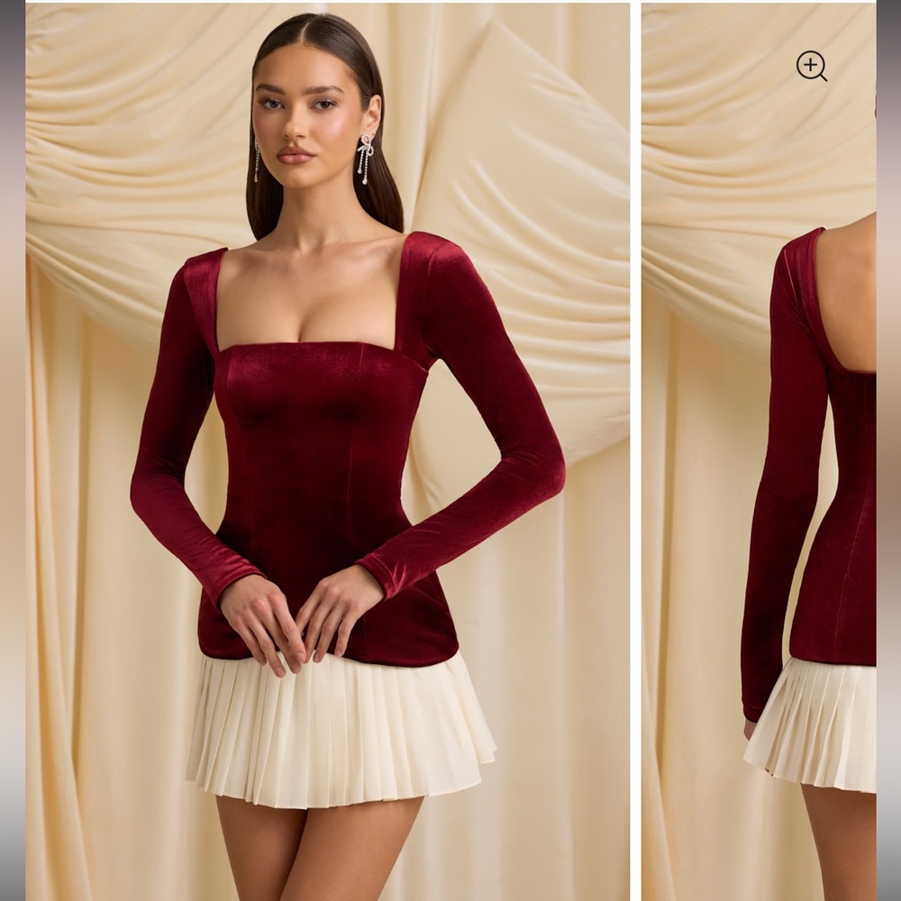 Valentines Day Mini Dress Corset Drop Waist Pleated Layered Wine Red